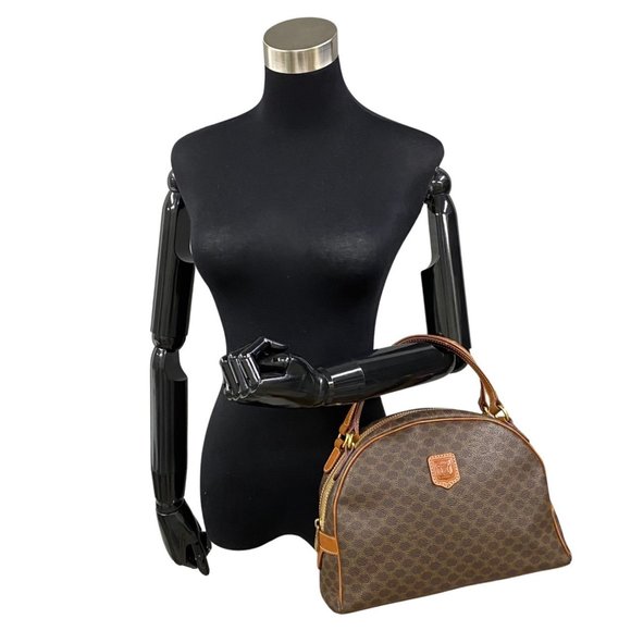 CELINE Macadam Blason Pattern Leather Handbag Boston Bag Brown 126-9 - Picture 2 of 10